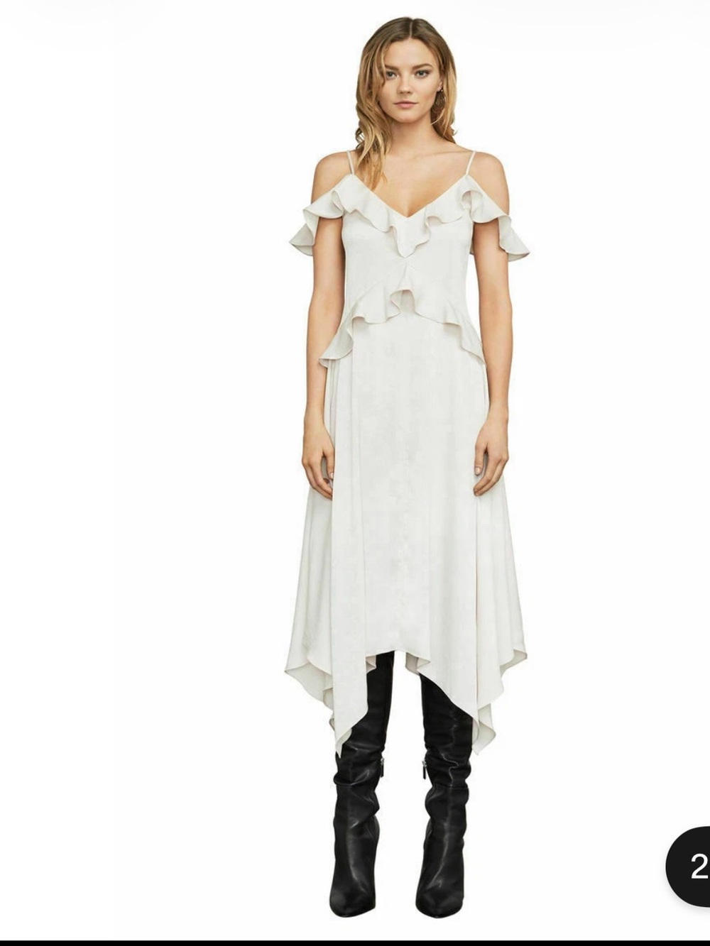 BCBGMaxAzria Off-Shoulder Ruffle Handkerchief Hem Dress in Stone Taupe L